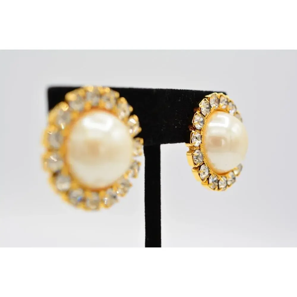 Vintage Clip On Earrings Rhinestone Crystal Pearl Gold Chunky Shiny 1980s BinAA